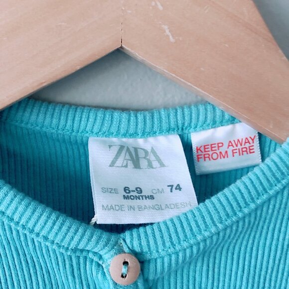 Zara t-shirt 6-9m ribbed baby tee lettuce hem light teal baby girl - Picture 7 of 7